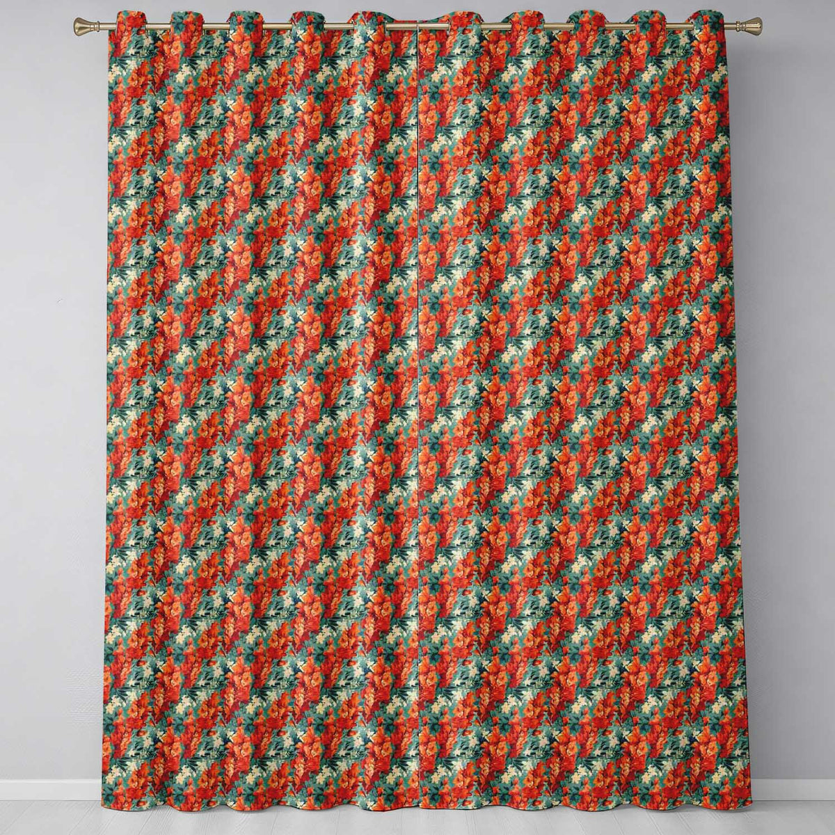 Vibrant Orange Floral Pattern on Teal Background with Delicate Cream Accents  Readymade Eyelet Ring Top Thermal 100% Blackout Curtains