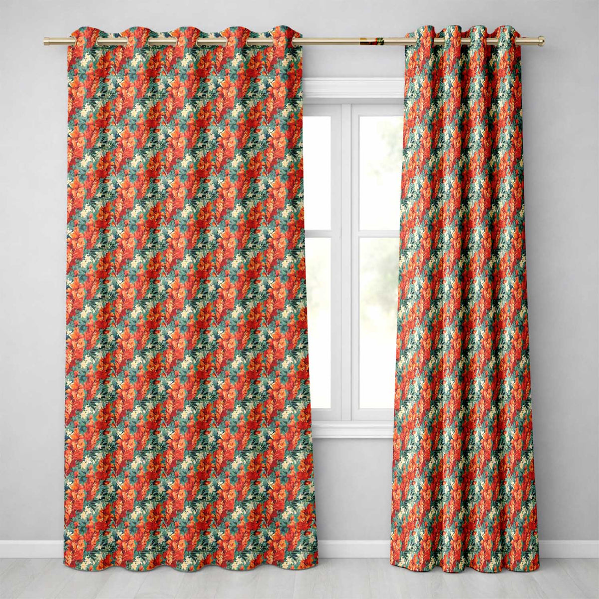 Vibrant Orange Floral Pattern on Teal Background with Delicate Cream Accents  Readymade Eyelet Ring Top Thermal 100% Blackout Curtains