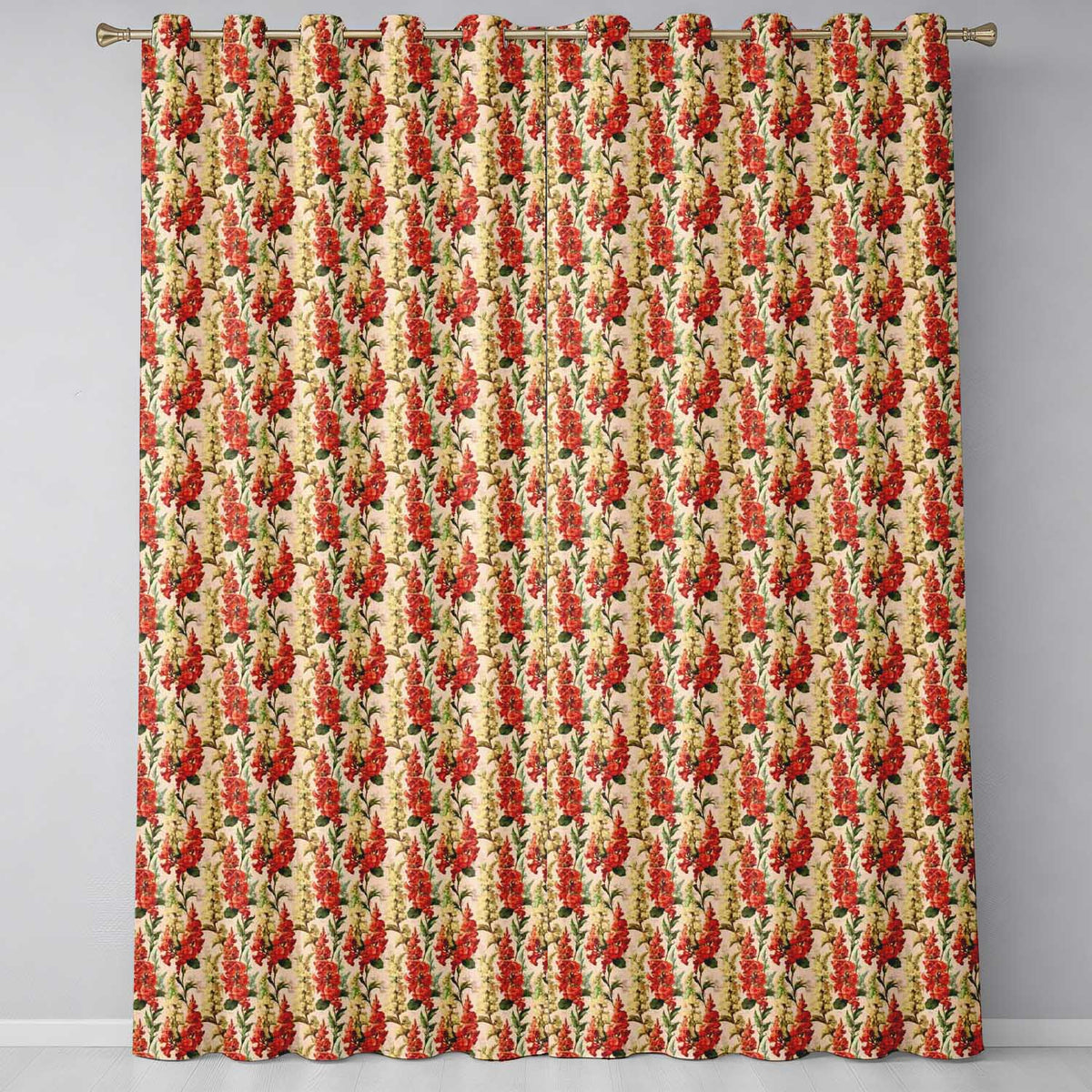 Classic Red Floral Stripe Pattern with Soft Cream Flowers on Beige Background  Readymade Eyelet Ring Top Thermal 100% Blackout Curtains