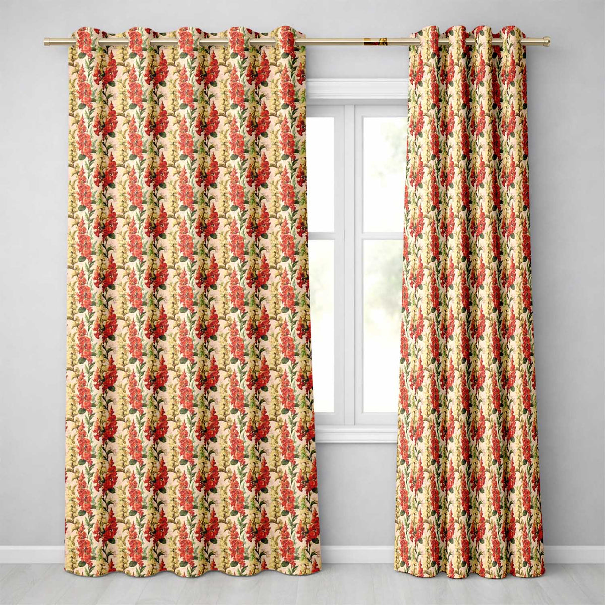 Classic Red Floral Stripe Pattern with Soft Cream Flowers on Beige Background  Readymade Eyelet Ring Top Thermal 100% Blackout Curtains