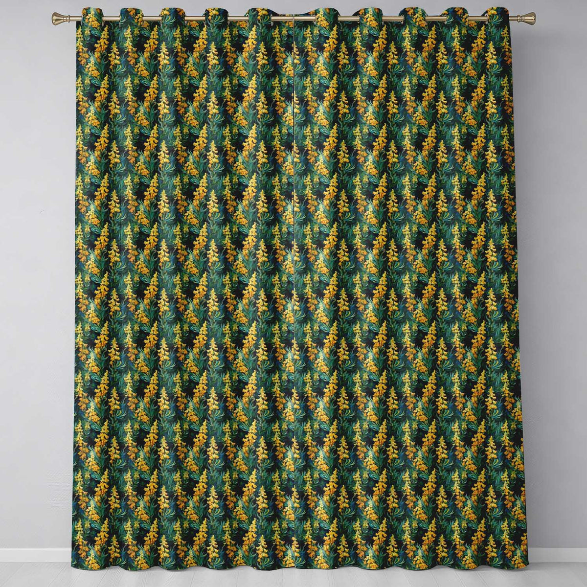 Rich Dark Botanical Pattern with Golden Yellow Flowers on Deep Green Background  Readymade Eyelet Ring Top Thermal 100% Blackout Curtains