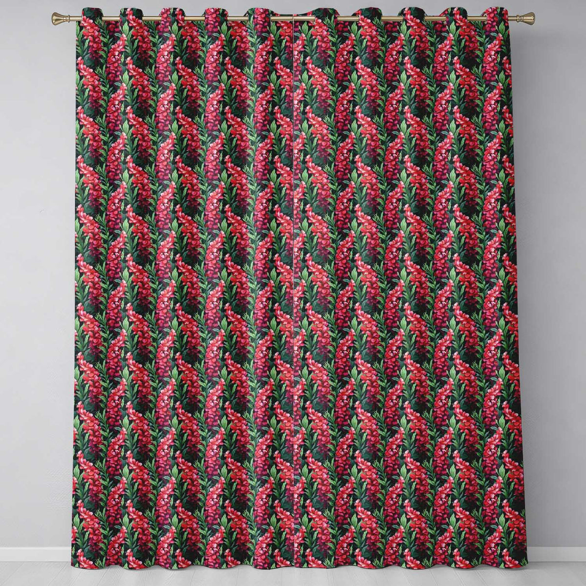Vibrant Pink Gladiolus Floral  on Dark Green Background Botanical  Readymade Eyelet Ring Top Thermal 100% Blackout Curtains