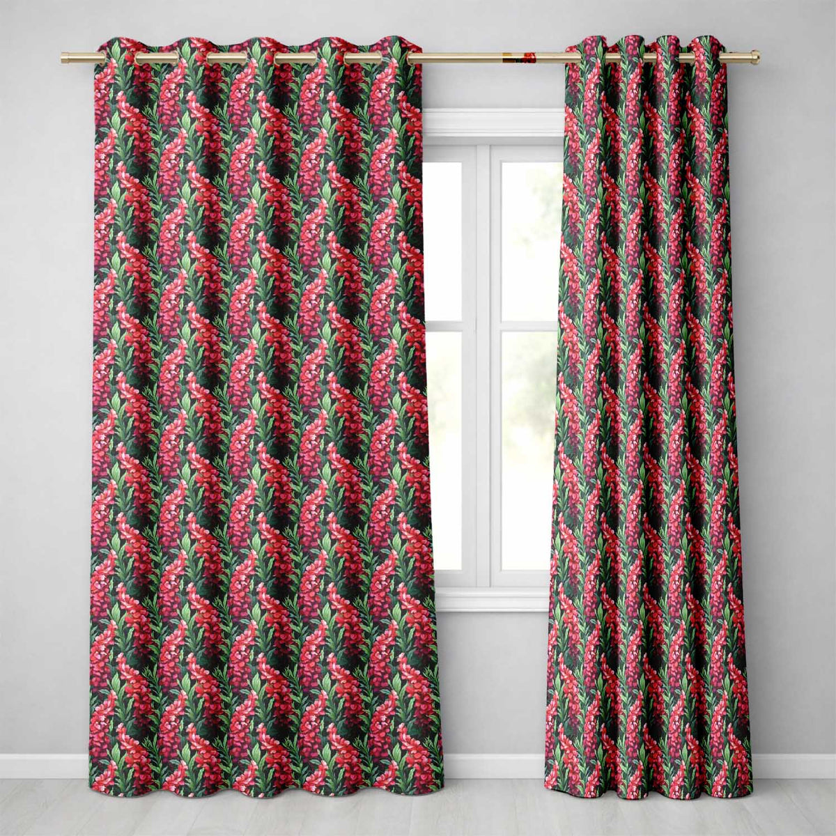 Vibrant Pink Gladiolus Floral  on Dark Green Background Botanical  Readymade Eyelet Ring Top Thermal 100% Blackout Curtains