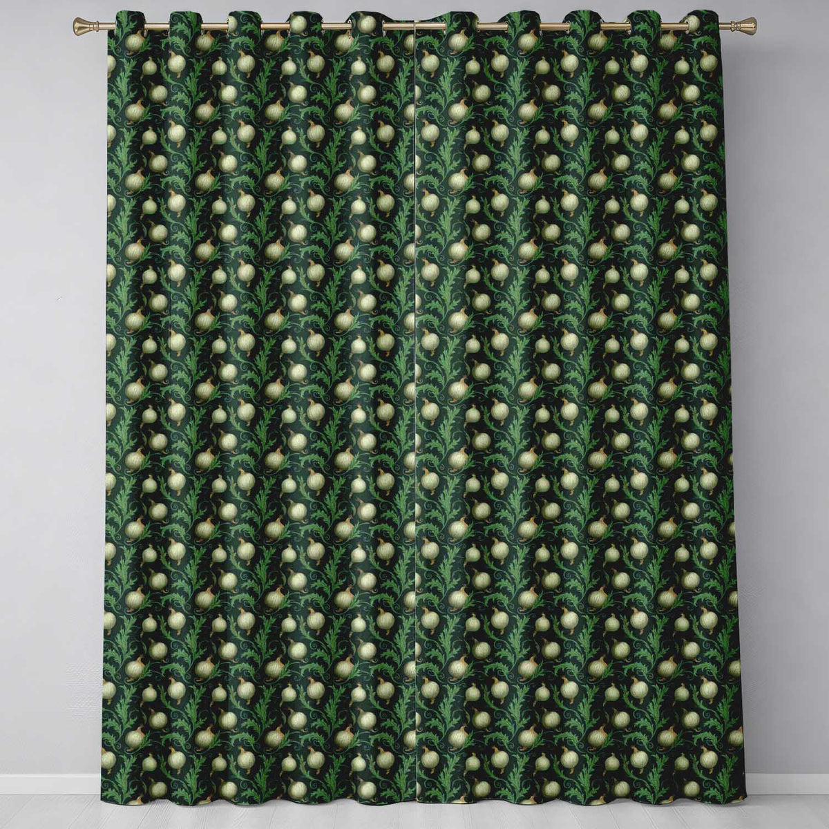Dark Green Ornate Onion Botanical Pattern Vintage Floral Style  Readymade Eyelet Ring Top Thermal 100% Blackout Curtains