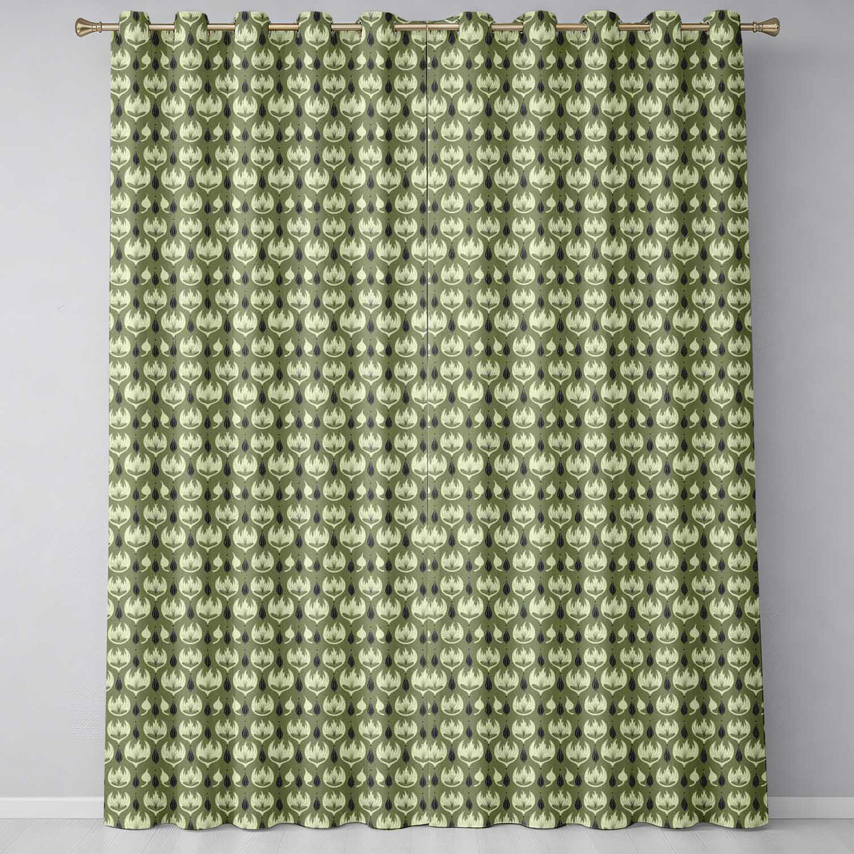 Olive Green Abstract Onion Floral Pattern Mid Century Modern Design  Readymade Eyelet Ring Top Thermal 100% Blackout Curtains