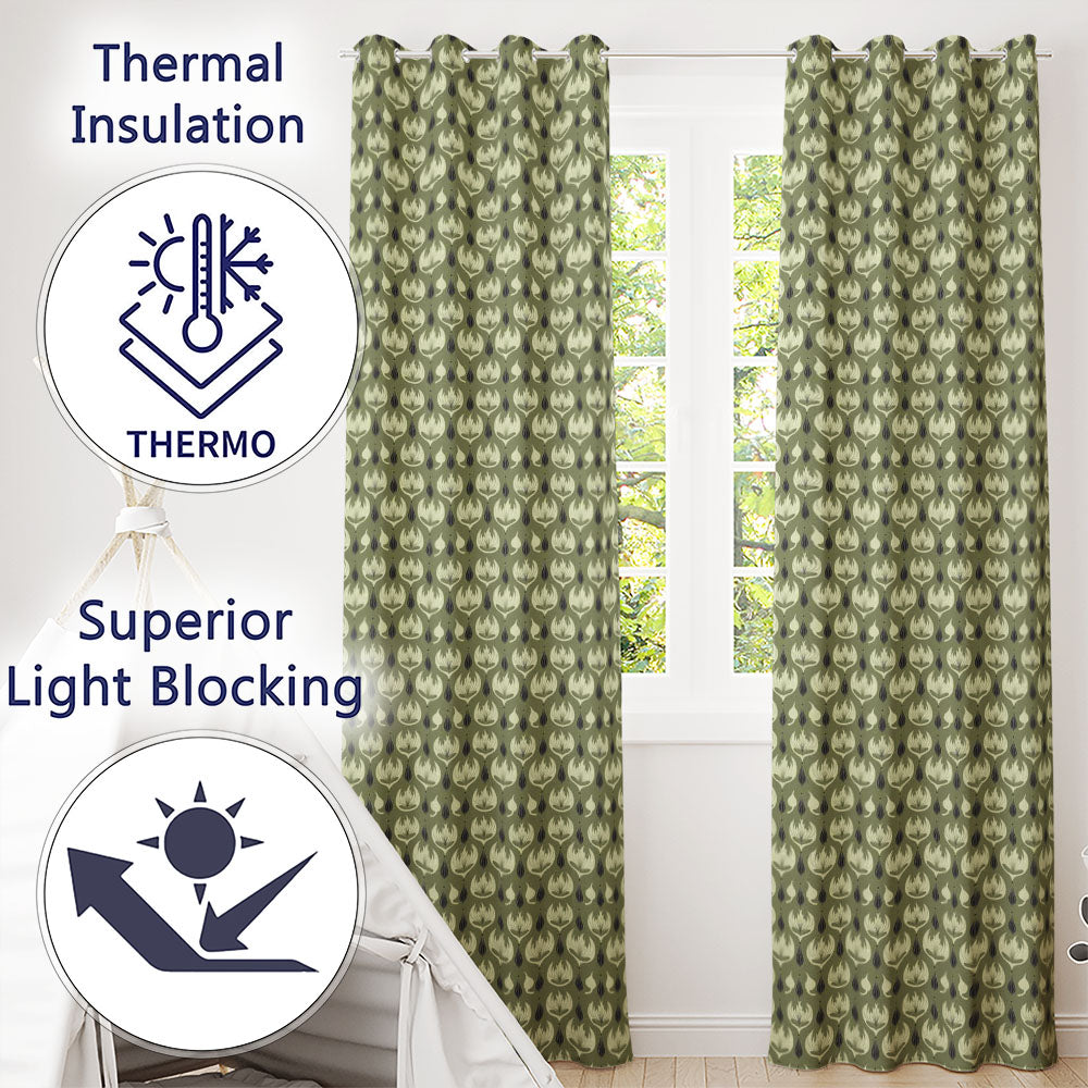 Olive Green Abstract Onion Floral Pattern Mid Century Modern Design  Readymade Eyelet Ring Top Thermal 100% Blackout Curtains