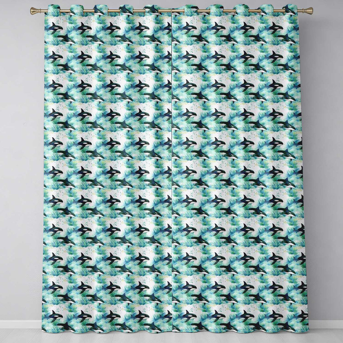 Orca Whale Forest Coastal Seamless Pattern Nature Ocean Fusion Design  Readymade Eyelet Ring Top Thermal 100% Blackout Curtains