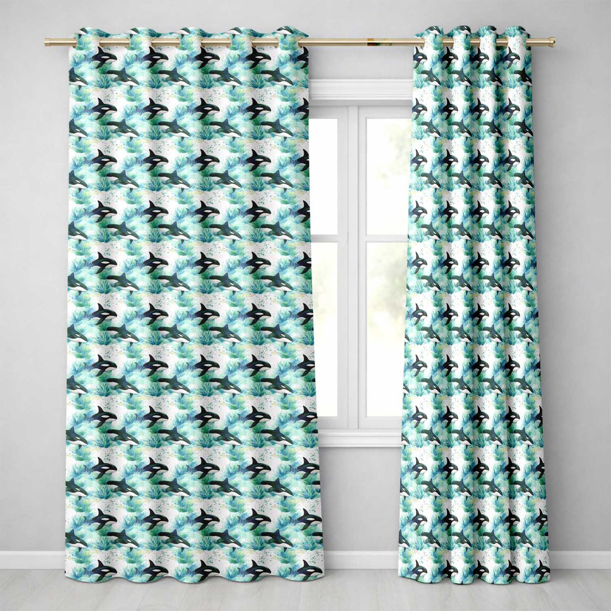 Orca Whale Forest Coastal Seamless Pattern Nature Ocean Fusion Design  Readymade Eyelet Ring Top Thermal 100% Blackout Curtains