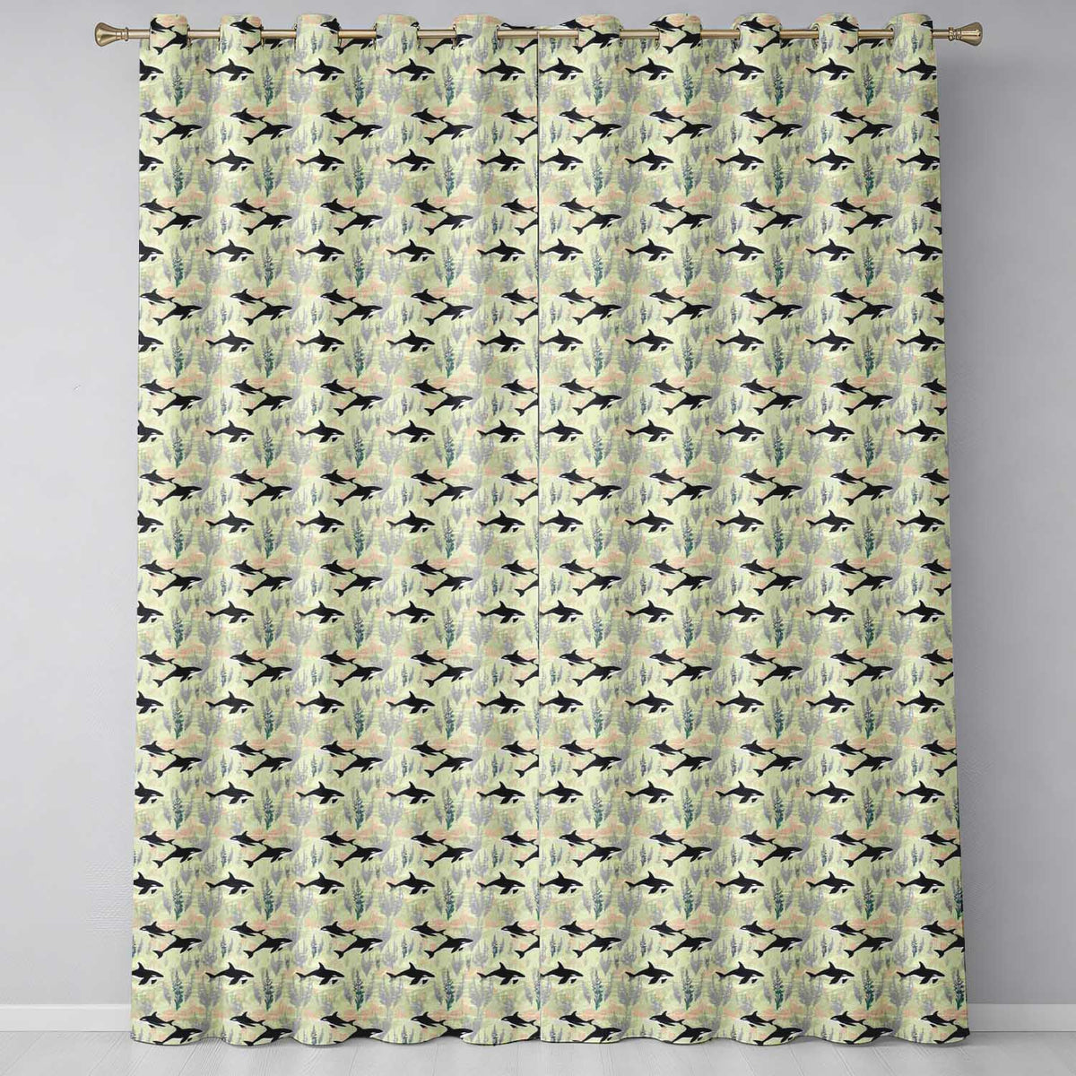 Minimal Orca Whale and Seaweed Seamless Pattern Ocean Marine Life Design  Readymade Eyelet Ring Top Thermal 100% Blackout Curtains