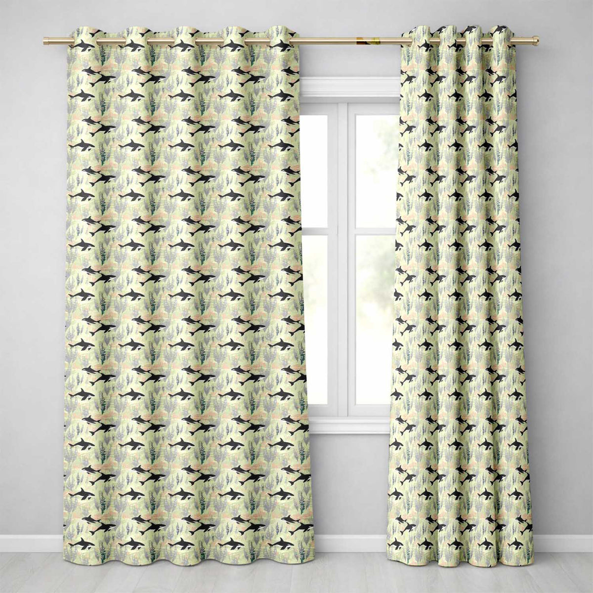 Minimal Orca Whale and Seaweed Seamless Pattern Ocean Marine Life Design  Readymade Eyelet Ring Top Thermal 100% Blackout Curtains