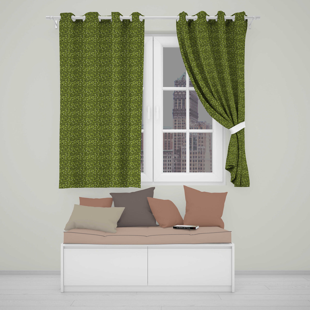 Green Olive Leaf Scatter Seamless Pattern Organic Nature Design  Readymade Eyelet Ring Top Thermal 100% Blackout Curtains