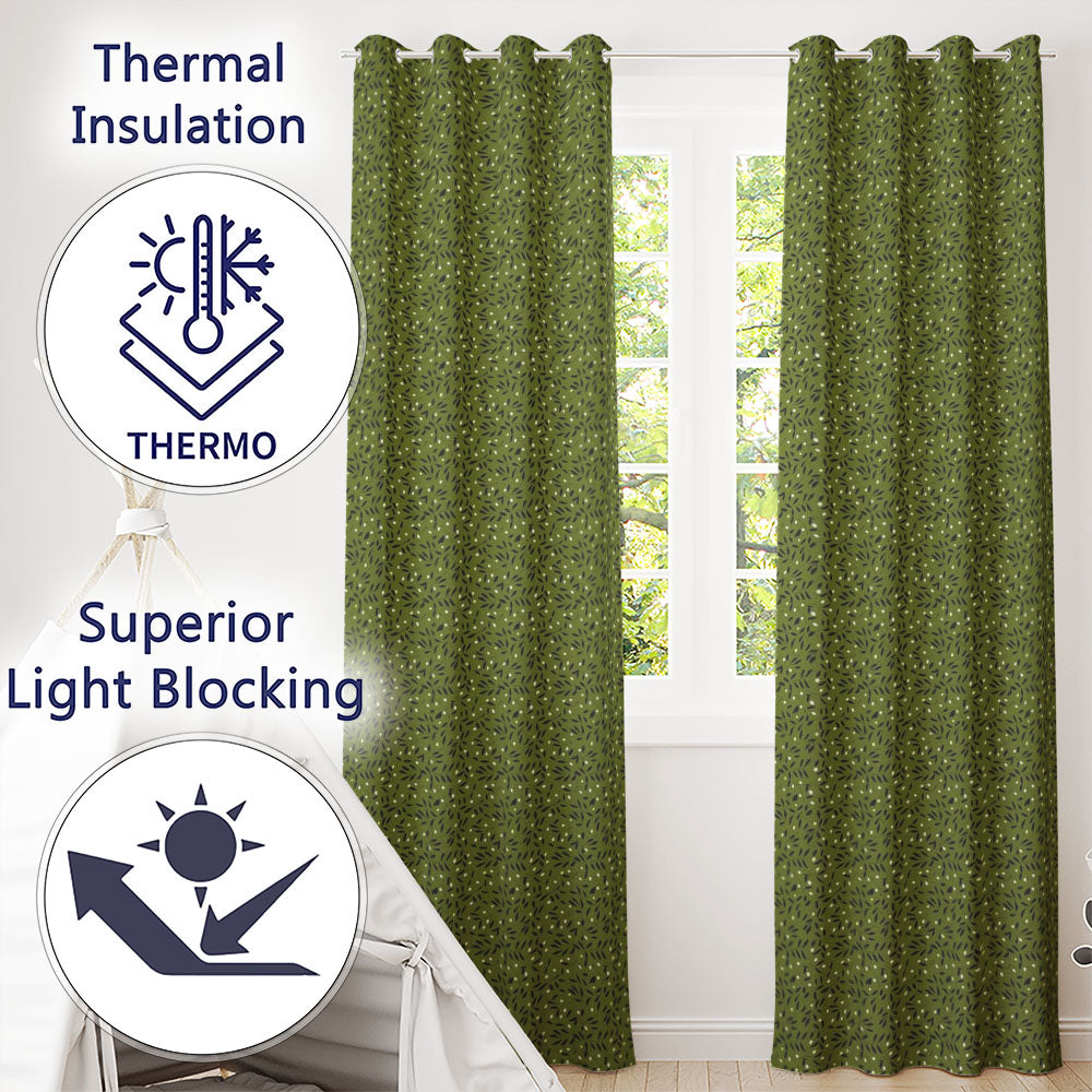 Green Olive Leaf Scatter Seamless Pattern Organic Nature Design  Readymade Eyelet Ring Top Thermal 100% Blackout Curtains