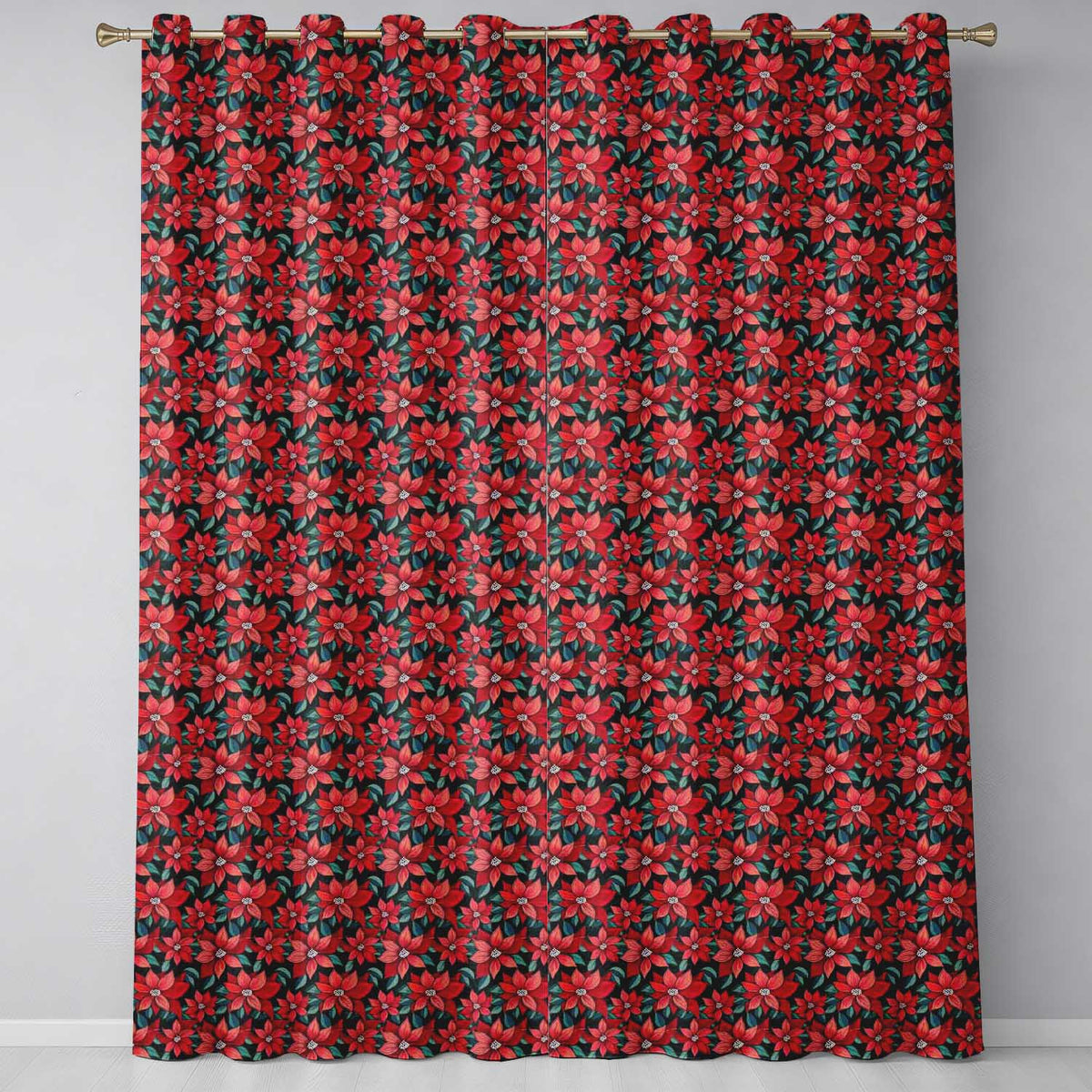 Classic Red Poinsettia Floral Dark Background Christmas Seamless Pattern  Readymade Eyelet Ring Top Thermal 100% Blackout Curtains