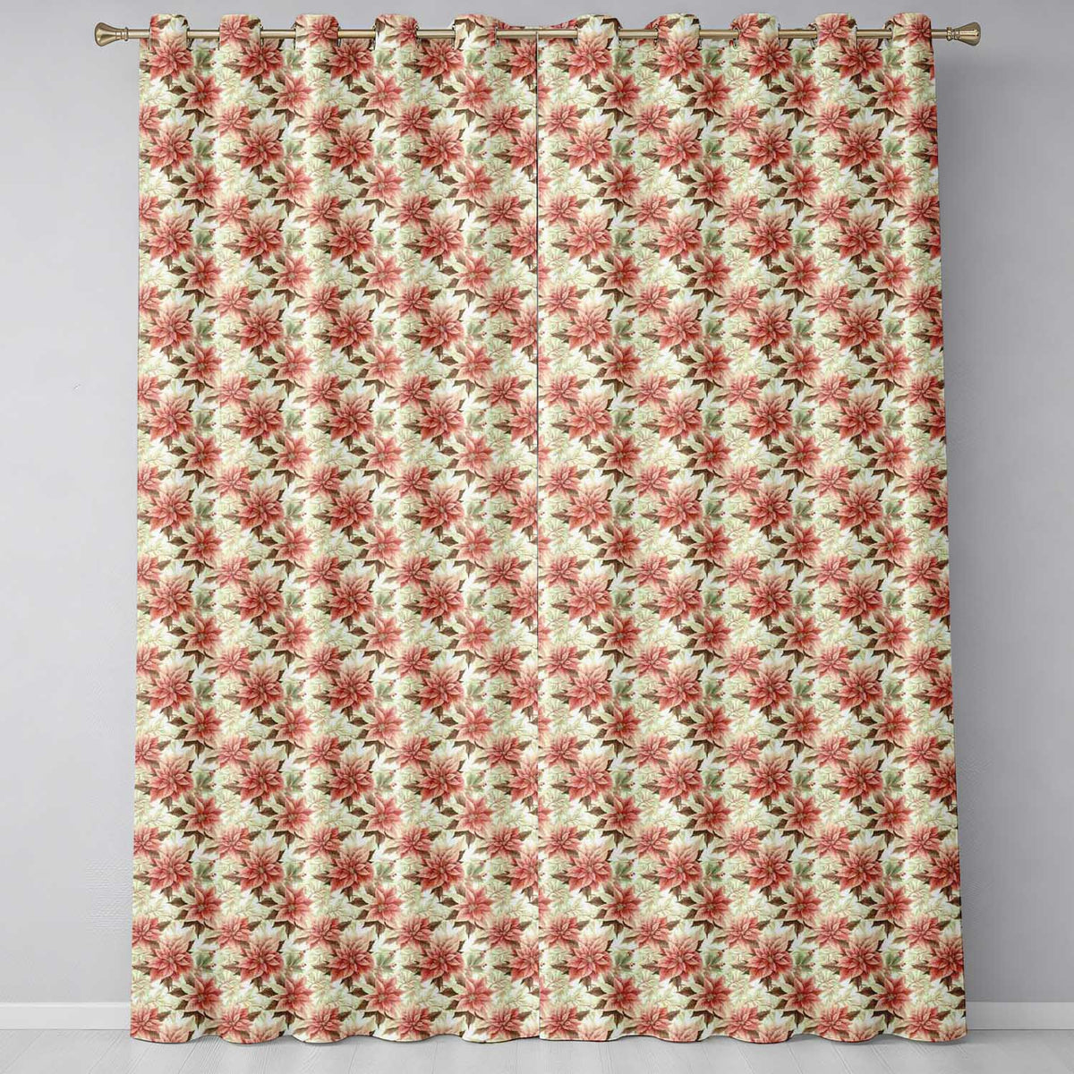 Vintage Cream Poinsettia Floral Botanical Christmas Seamless Pattern  Readymade Eyelet Ring Top Thermal 100% Blackout Curtains