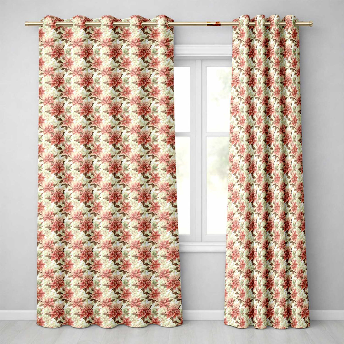 Vintage Cream Poinsettia Floral Botanical Christmas Seamless Pattern  Readymade Eyelet Ring Top Thermal 100% Blackout Curtains