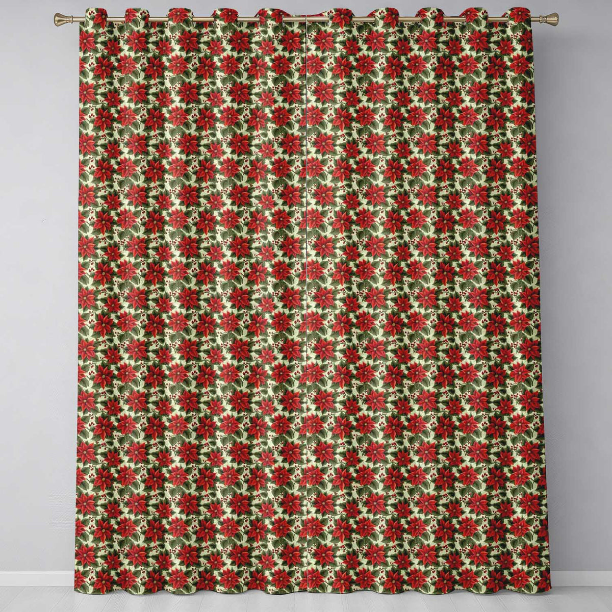 Traditional Poinsettia Holly Berry Christmas Botanical Seamless Pattern  Readymade Eyelet Ring Top Thermal 100% Blackout Curtains