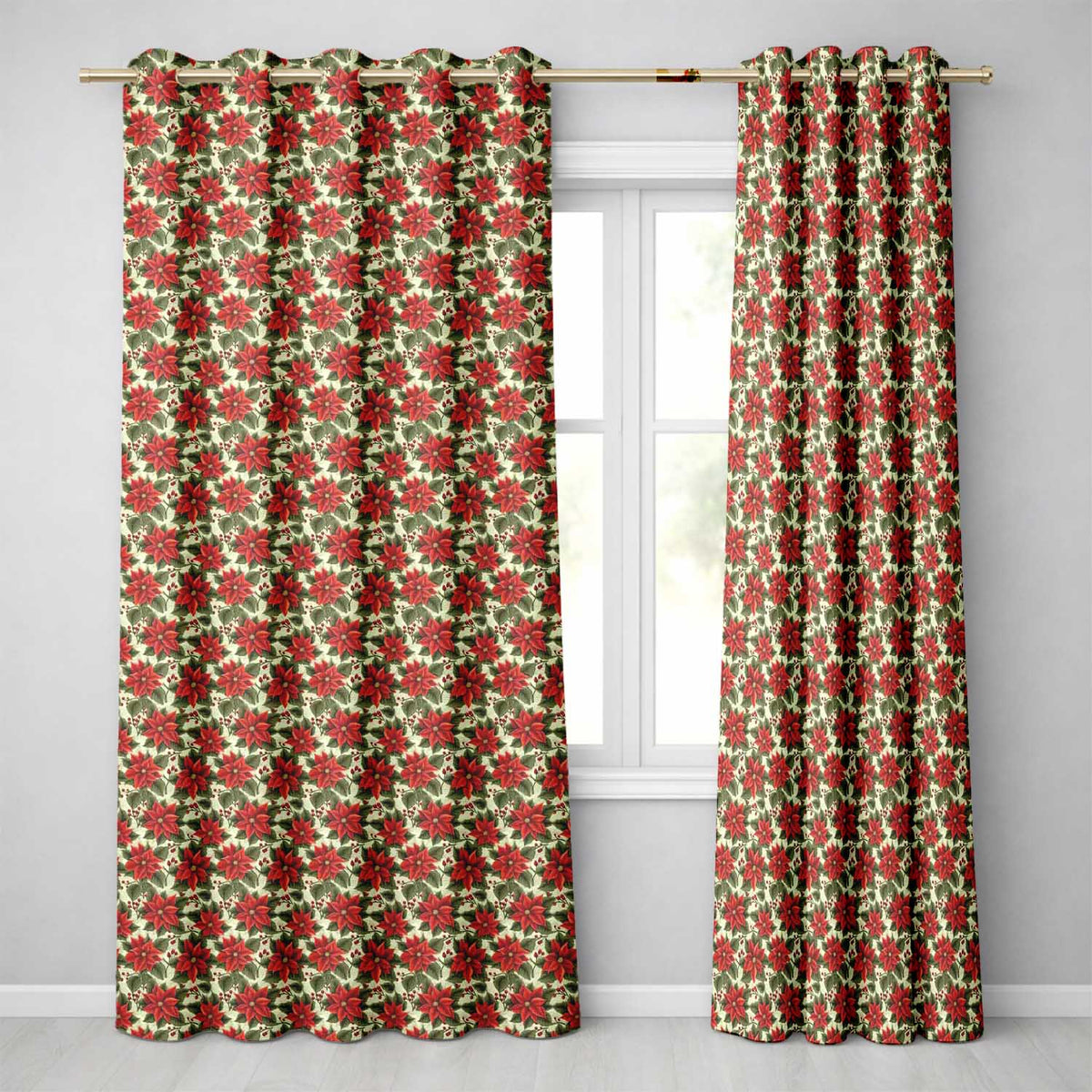 Traditional Poinsettia Holly Berry Christmas Botanical Seamless Pattern  Readymade Eyelet Ring Top Thermal 100% Blackout Curtains