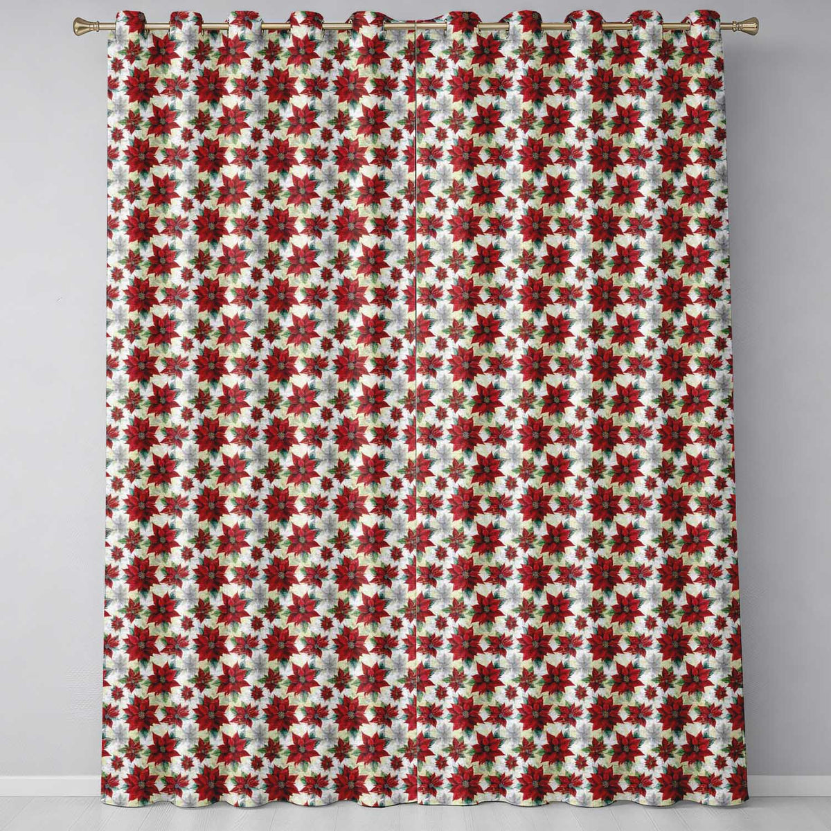 Elegant Beige Background Poinsettia Floral Classic Seamless Pattern  Readymade Eyelet Ring Top Thermal 100% Blackout Curtains