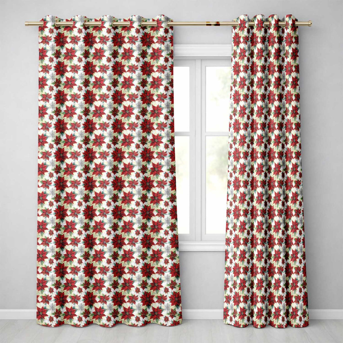 Elegant Beige Background Poinsettia Floral Classic Seamless Pattern  Readymade Eyelet Ring Top Thermal 100% Blackout Curtains
