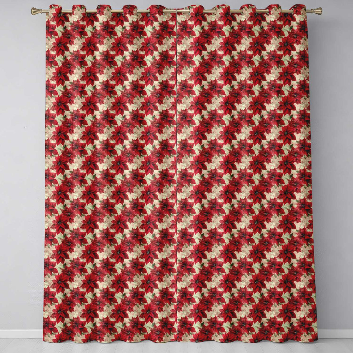 Watercolour Red Poinsettia and Leaves Soft Festive Seamless Pattern  Readymade Eyelet Ring Top Thermal 100% Blackout Curtains
