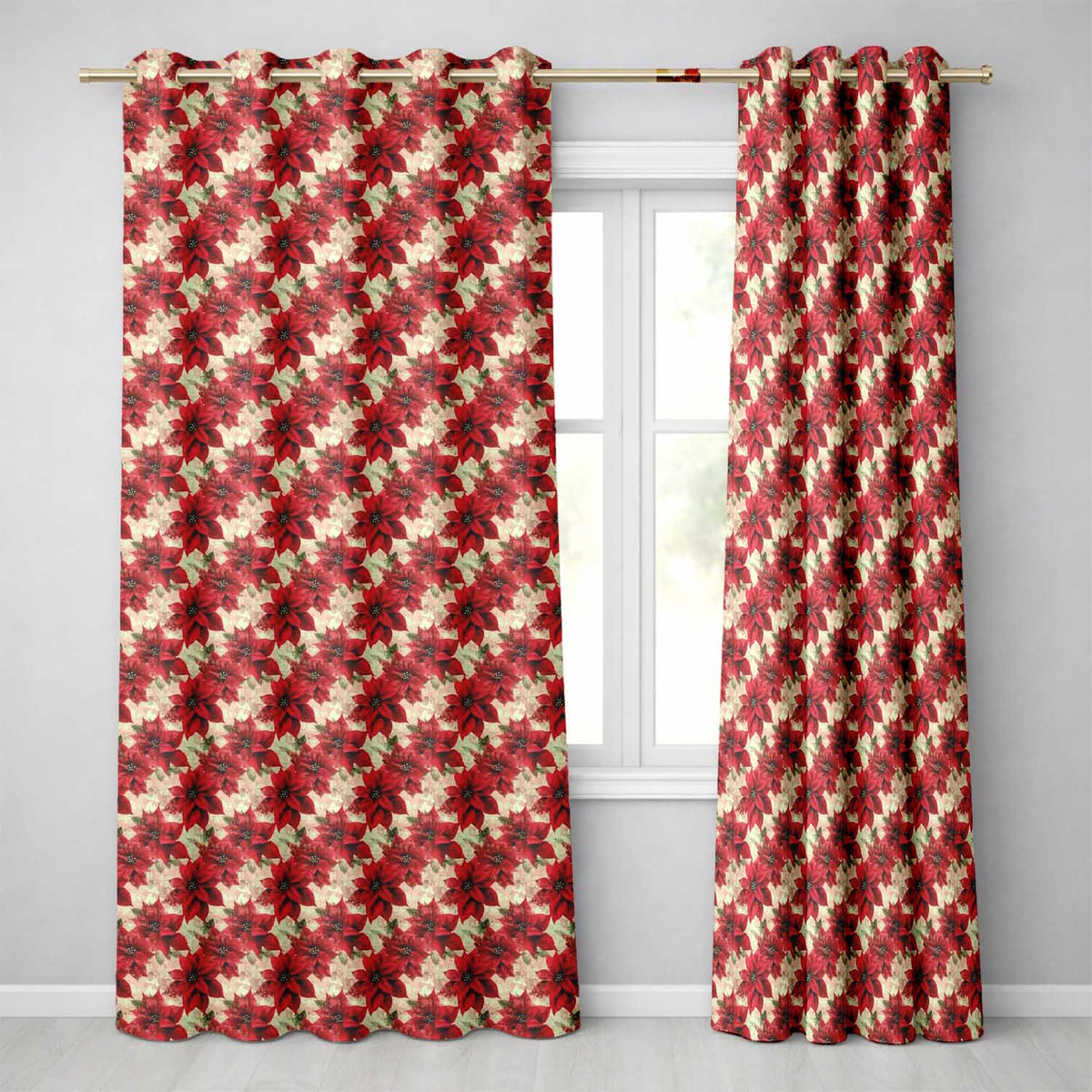 Watercolour Red Poinsettia and Leaves Soft Festive Seamless Pattern  Readymade Eyelet Ring Top Thermal 100% Blackout Curtains