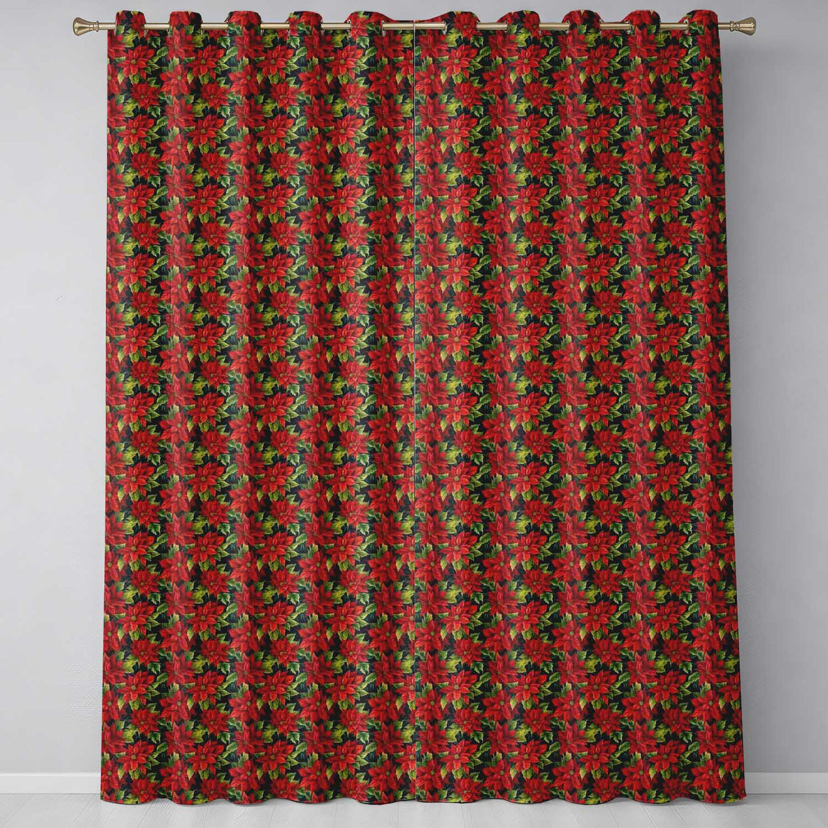 Classic Christmas Poinsettia Floral Cream Background Seamless Pattern  Readymade Eyelet Ring Top Thermal 100% Blackout Curtains