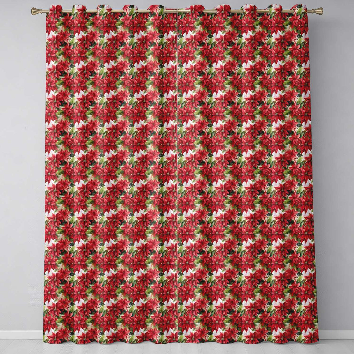 Rich Red Poinsettia on Dark Green Festive Seamless Pattern  Readymade Eyelet Ring Top Thermal 100% Blackout Curtains
