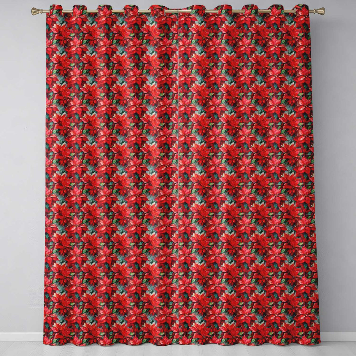 Elegant Poinsettia and Foliage Christmas Seamless Pattern  Readymade Eyelet Ring Top Thermal 100% Blackout Curtains