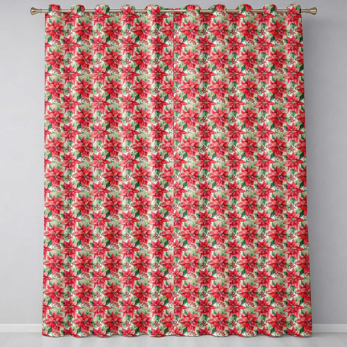 Soft Watercolour Poinsettia Christmas Floral Seamless Pattern  Readymade Eyelet Ring Top Thermal 100% Blackout Curtains