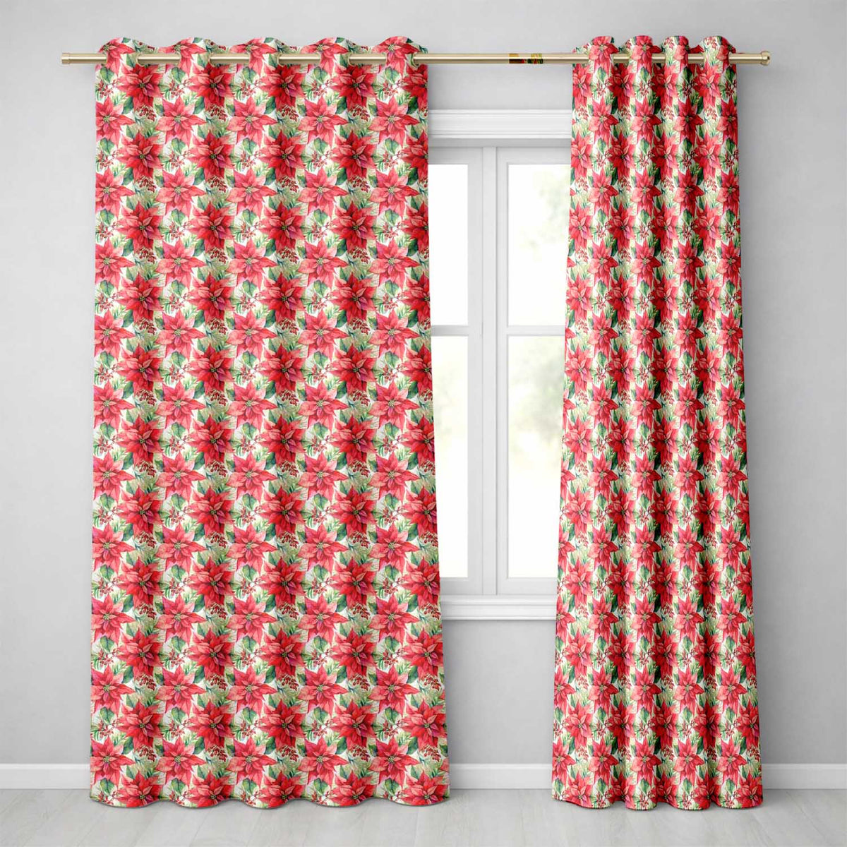 Soft Watercolour Poinsettia Christmas Floral Seamless Pattern  Readymade Eyelet Ring Top Thermal 100% Blackout Curtains