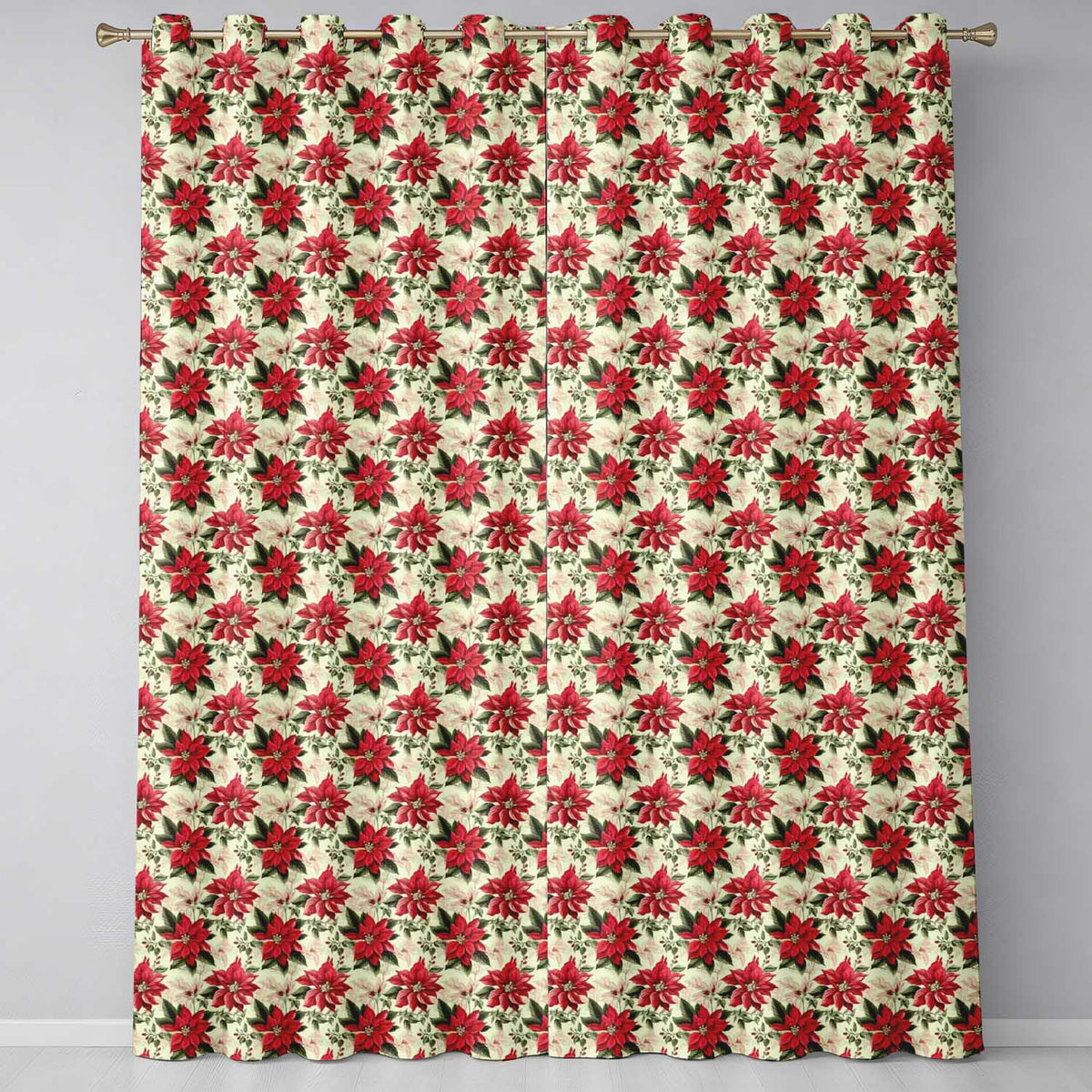 Vintage Poinsettia Floral   Cream Background Christmas Botanical Print  Readymade Eyelet Ring Top Thermal 100% Blackout Curtains