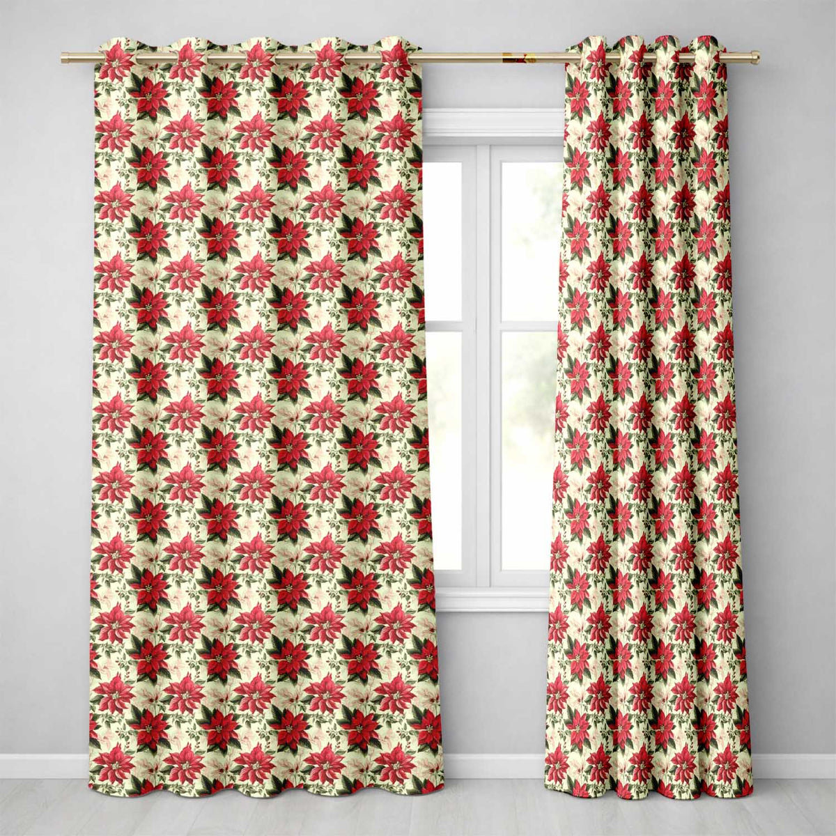 Vintage Poinsettia Floral   Cream Background Christmas Botanical Print  Readymade Eyelet Ring Top Thermal 100% Blackout Curtains