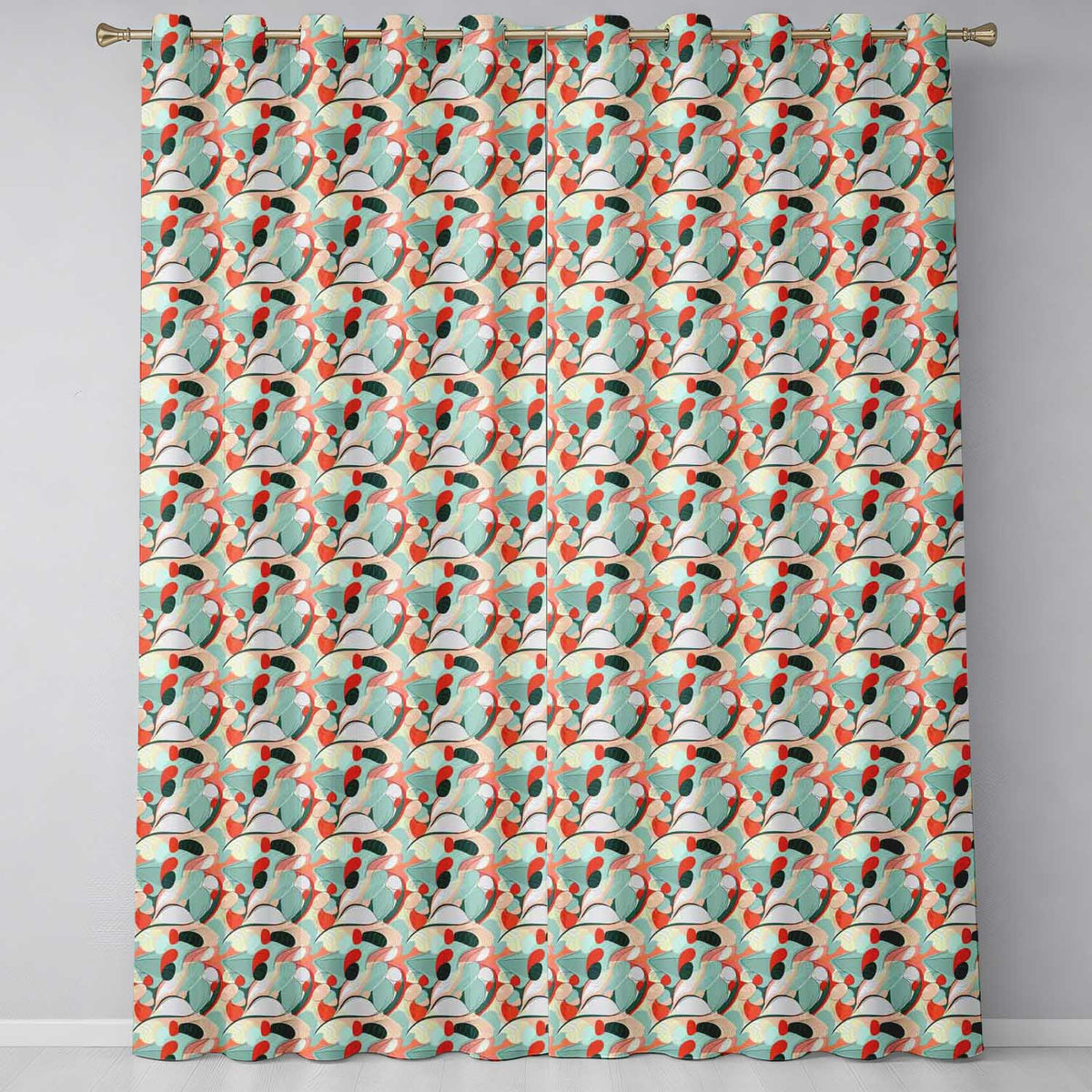 Abstract Mid Century Modern Organic Shapes Teal Coral  Seamless Pattern  Readymade Eyelet Ring Top Thermal 100% Blackout Curtains