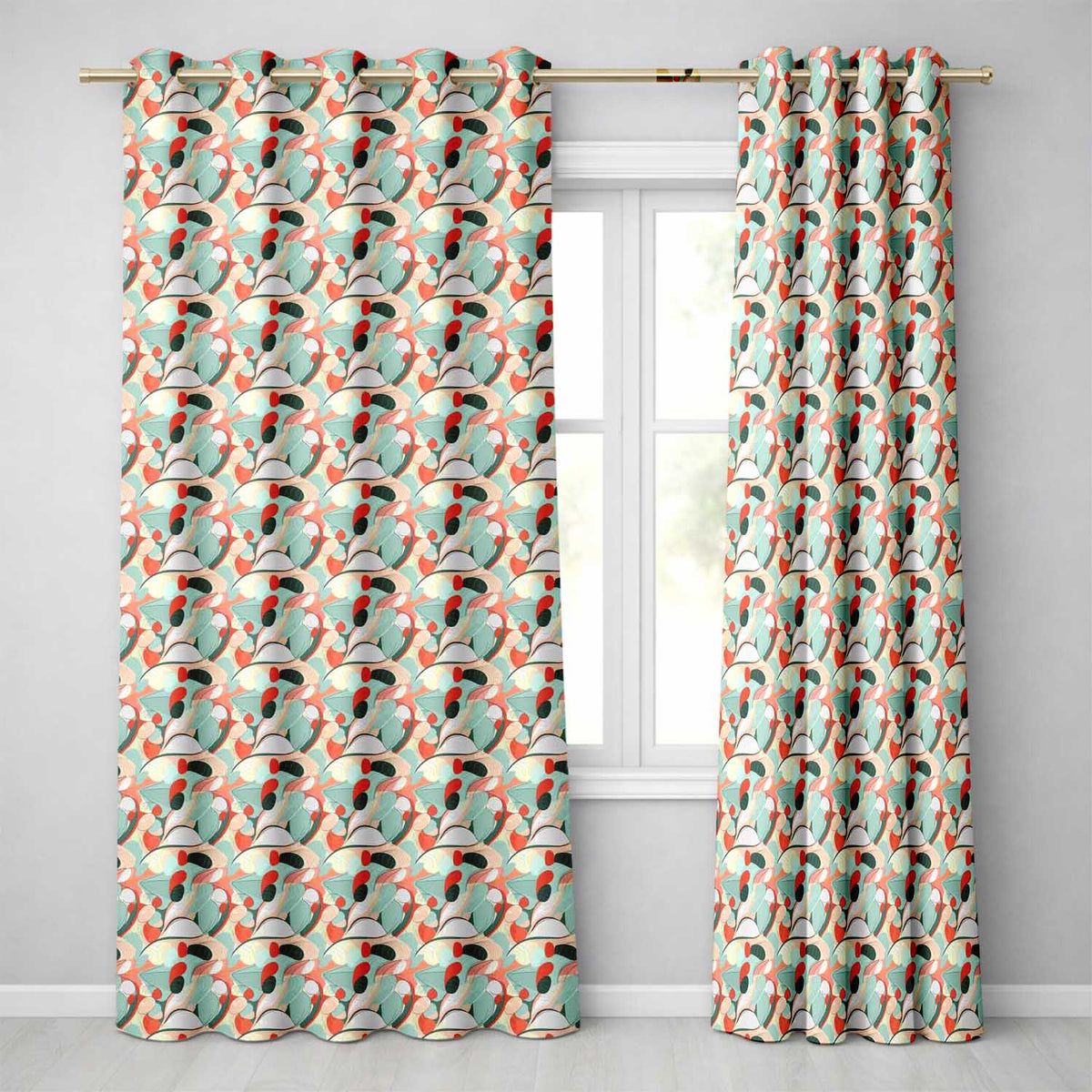 Abstract Mid Century Modern Organic Shapes Teal Coral  Seamless Pattern  Readymade Eyelet Ring Top Thermal 100% Blackout Curtains