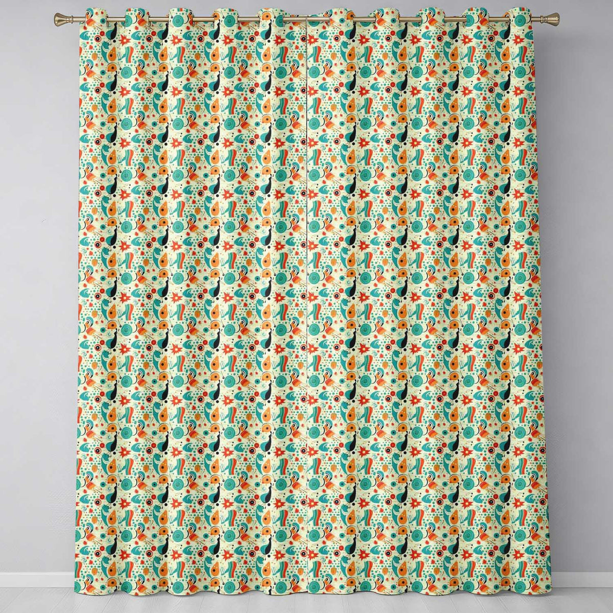 Whimsical  Abstract Birds and Shapes   Teal Orange Mid Century Style  Readymade Eyelet Ring Top Thermal 100% Blackout Curtains