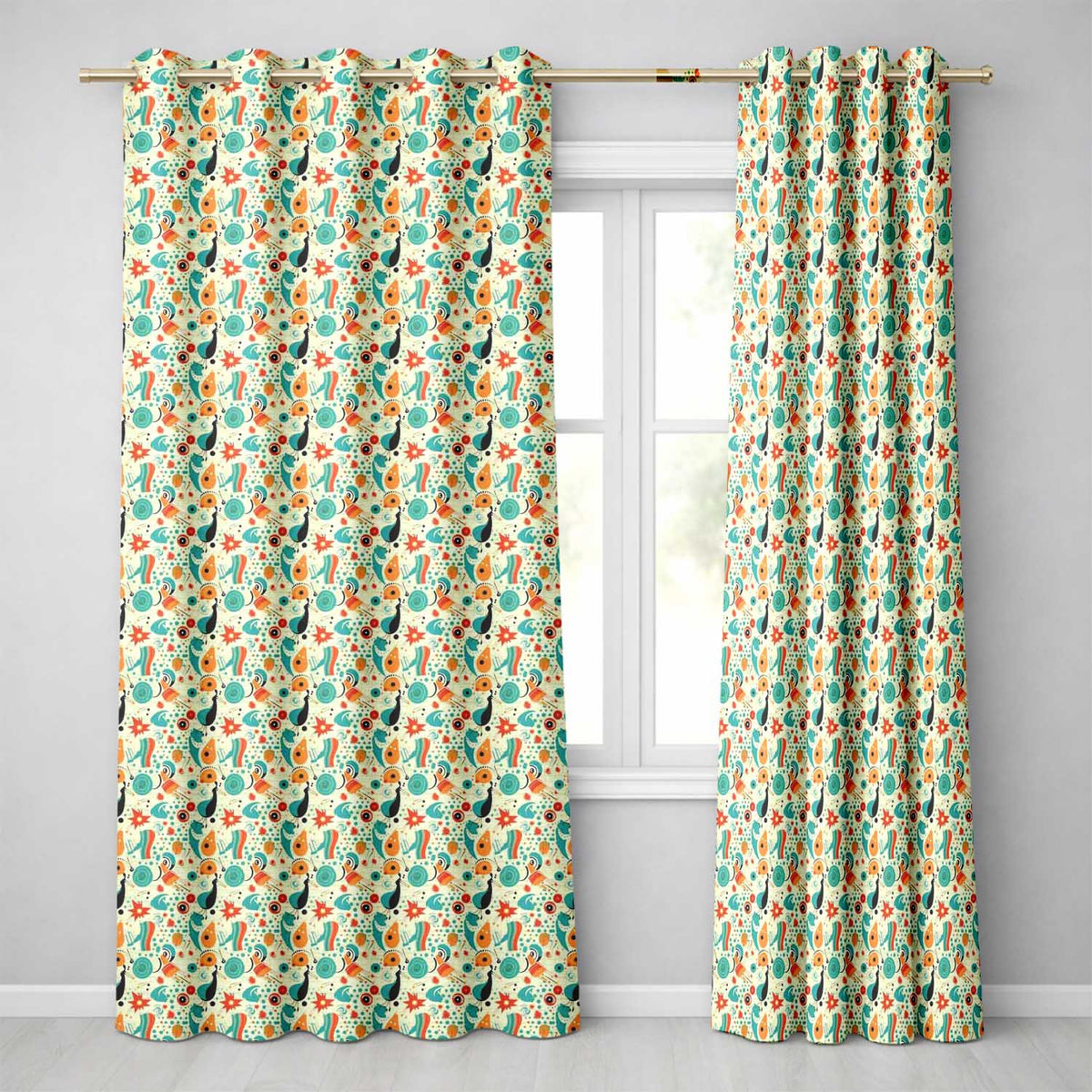 Whimsical  Abstract Birds and Shapes   Teal Orange Mid Century Style  Readymade Eyelet Ring Top Thermal 100% Blackout Curtains
