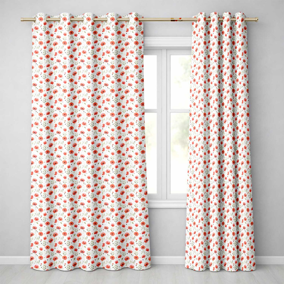 Delicate Red Poppy Watercolor Floral Pattern Soft Botanical Seamless Design  Readymade Eyelet Ring Top Thermal 100% Blackout Curtains