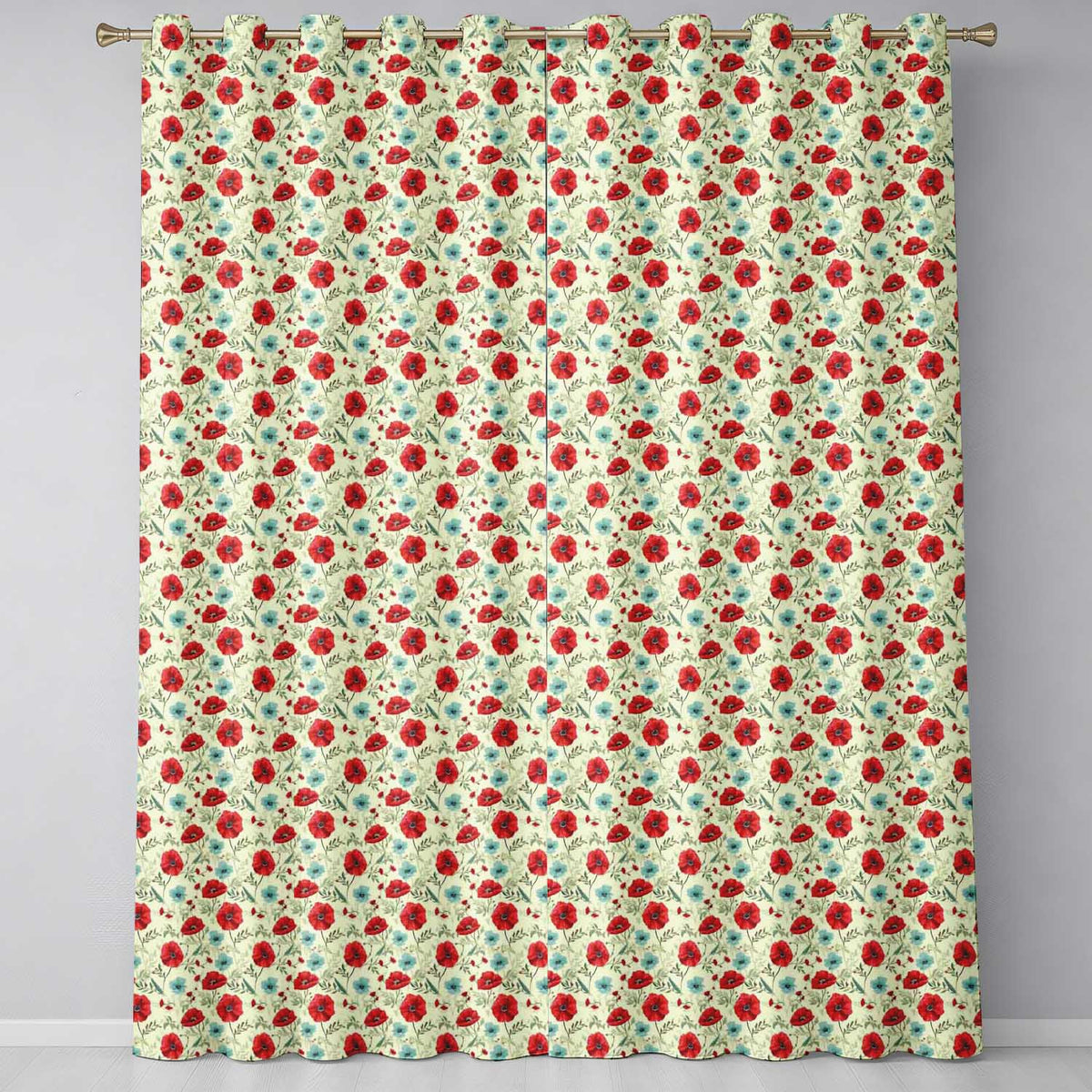 Wildflower Poppy Pattern Red and Blue Botanical Seamless Vintage Style  Readymade Eyelet Ring Top Thermal 100% Blackout Curtains