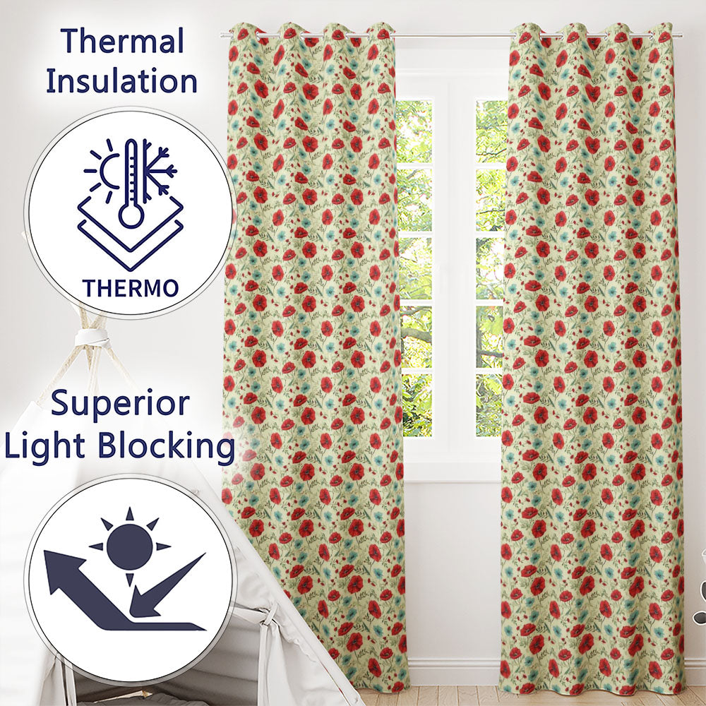 Wildflower Poppy Pattern Red and Blue Botanical Seamless Vintage Style  Readymade Eyelet Ring Top Thermal 100% Blackout Curtains