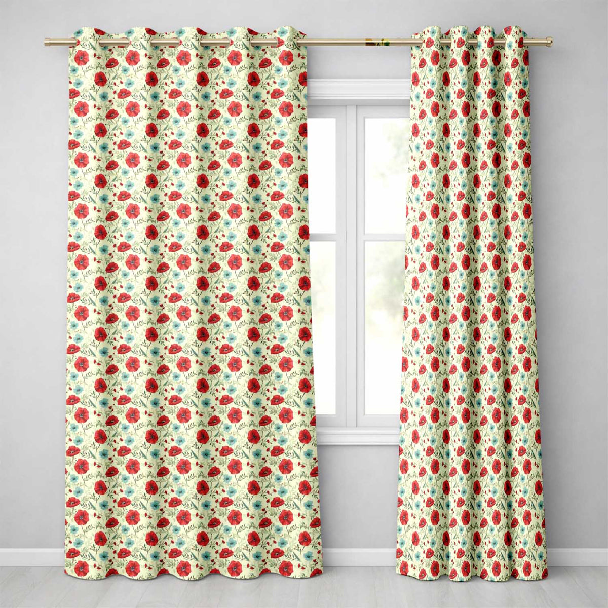 Wildflower Poppy Pattern Red and Blue Botanical Seamless Vintage Style  Readymade Eyelet Ring Top Thermal 100% Blackout Curtains