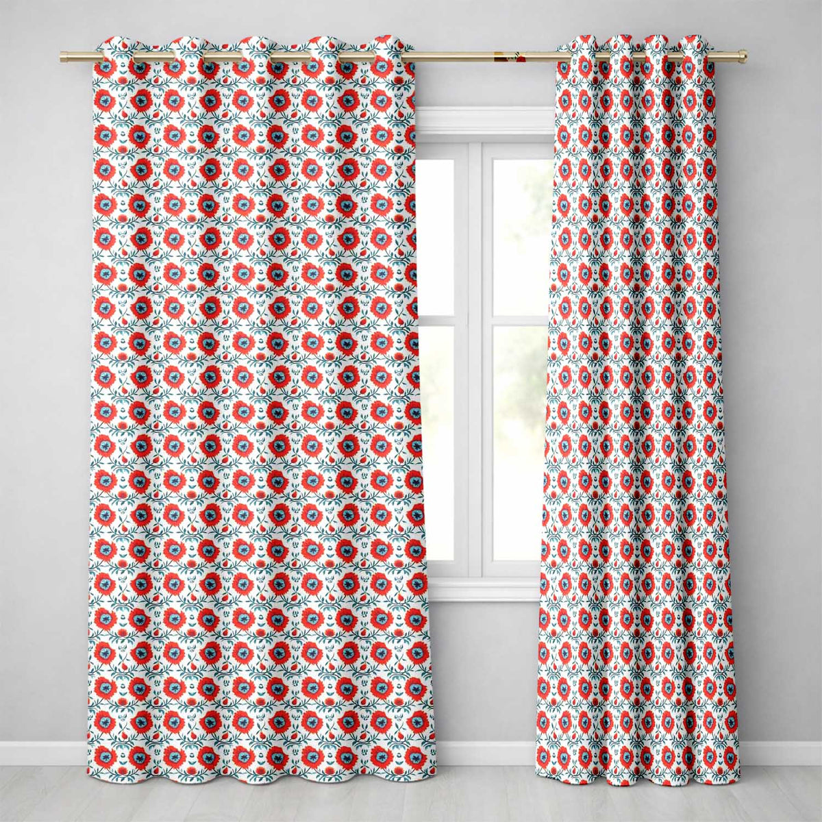 Folk Art Floral Pattern Red Flowers Scandinavian Style Seamless Design  Readymade Eyelet Ring Top Thermal 100% Blackout Curtains