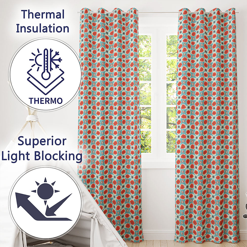 Floral Tile Pattern Red and Blue Geometric Botanical Seamless Design  Readymade Eyelet Ring Top Thermal 100% Blackout Curtains