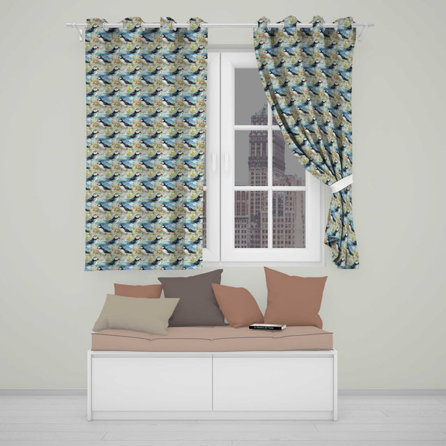 Vintage Puffin Bird and Floral Pattern Botanical Coastal Seamless Design  Readymade Eyelet Ring Top Thermal 100% Blackout Curtains
