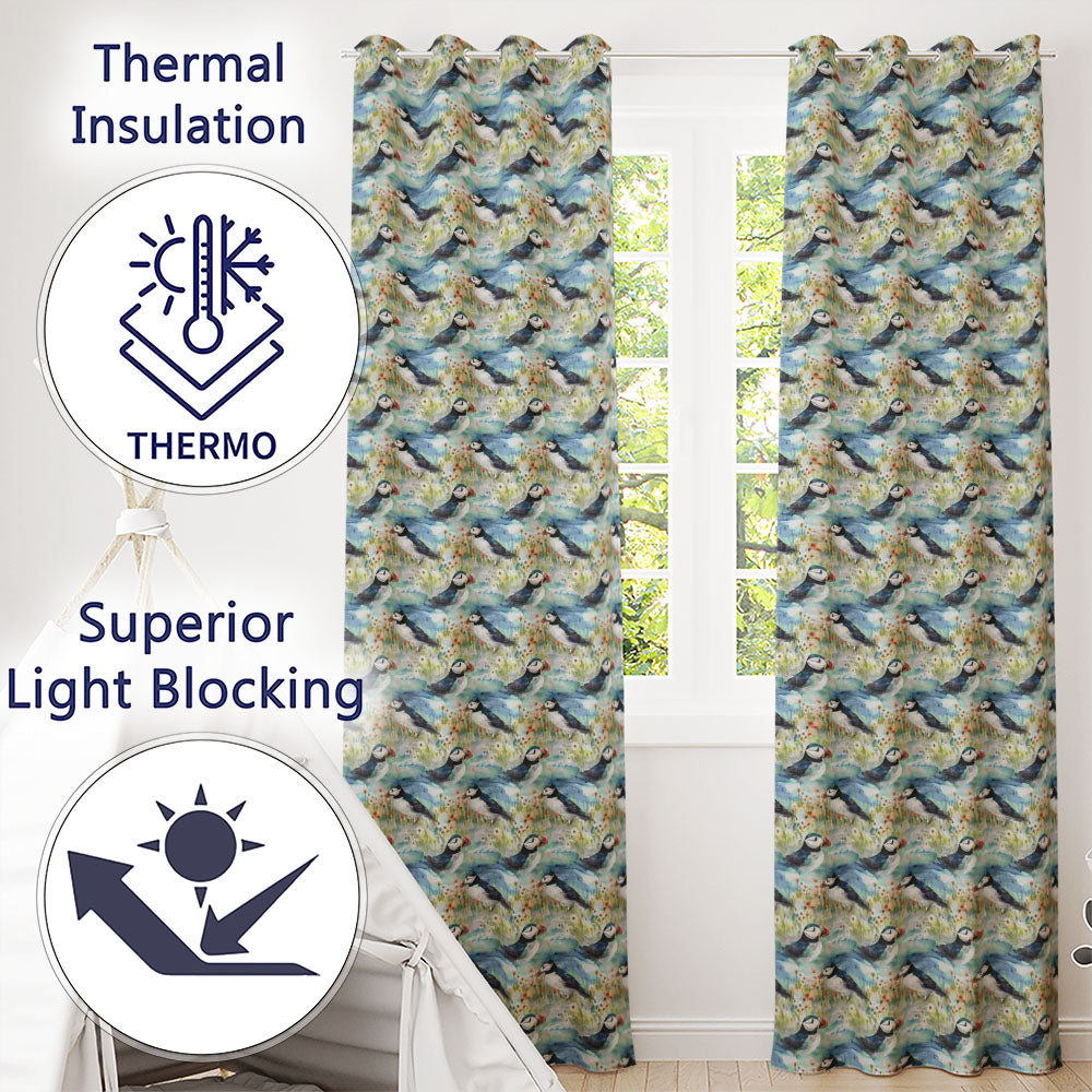 Vintage Puffin Bird and Floral Pattern Botanical Coastal Seamless Design  Readymade Eyelet Ring Top Thermal 100% Blackout Curtains