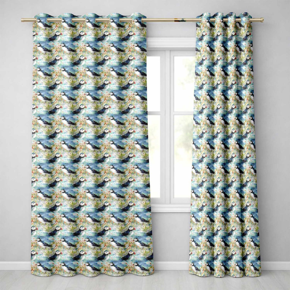 Vintage Puffin Bird and Floral Pattern Botanical Coastal Seamless Design  Readymade Eyelet Ring Top Thermal 100% Blackout Curtains