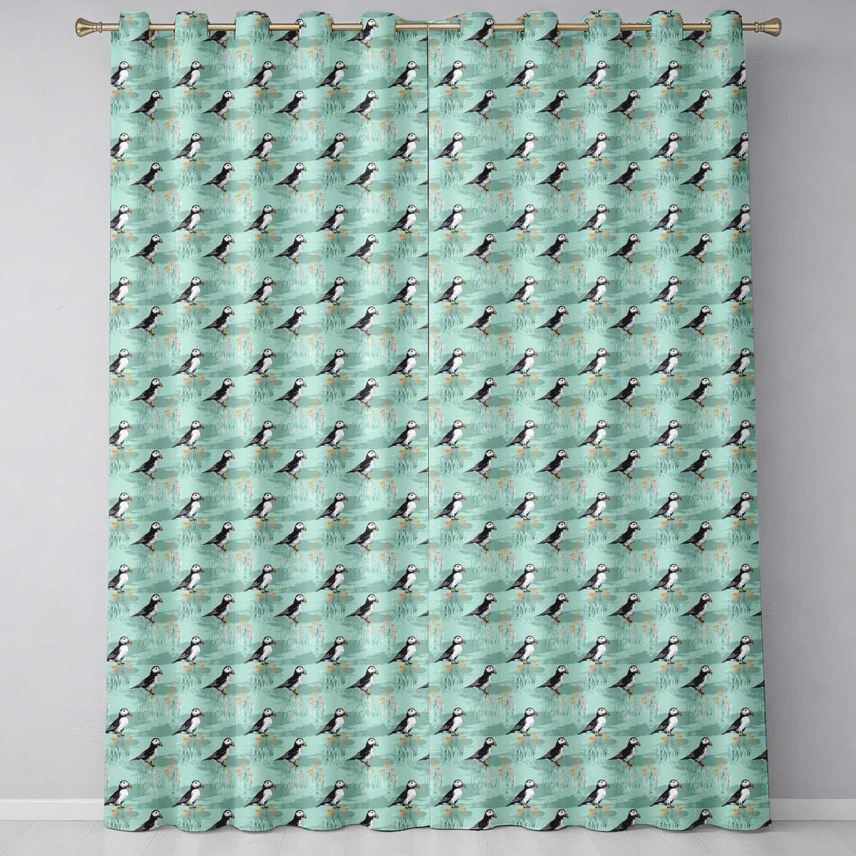 Watercolor Puffin Meadow Pattern Soft Wildflower Landscape Seamless Design  Readymade Eyelet Ring Top Thermal 100% Blackout Curtains