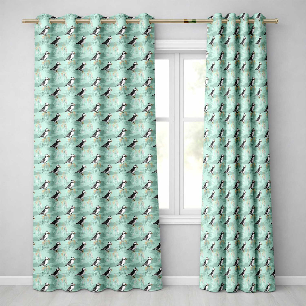 Watercolor Puffin Meadow Pattern Soft Wildflower Landscape Seamless Design  Readymade Eyelet Ring Top Thermal 100% Blackout Curtains