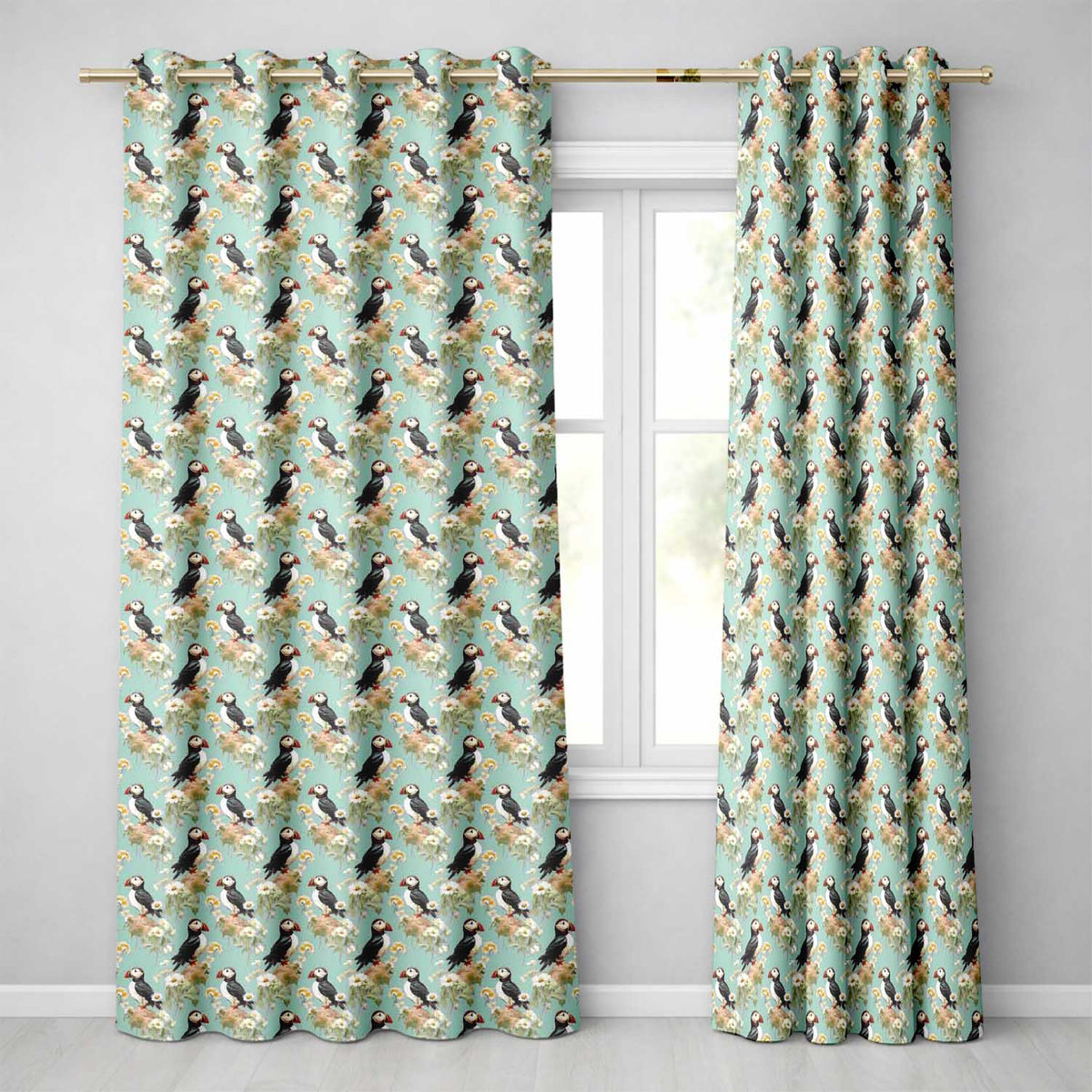 Puffin and Wildflower Garden Pattern Nature Inspired Seamless Design  Readymade Eyelet Ring Top Thermal 100% Blackout Curtains