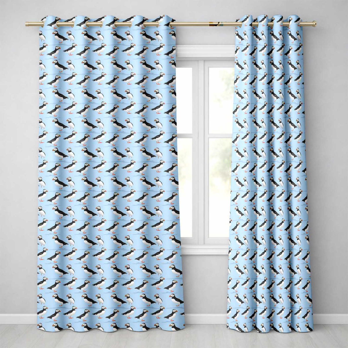Minimal Puffin Bird Pattern Clean Blue Background Seamless Design  Readymade Eyelet Ring Top Thermal 100% Blackout Curtains