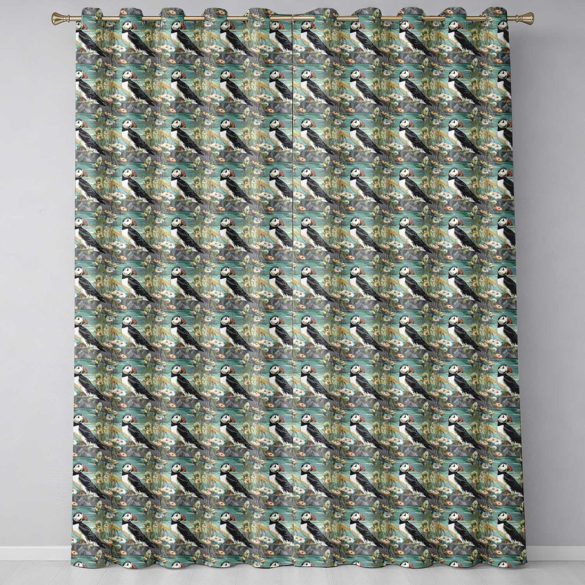 Puffin Coastal Landscape Pattern Scenic Nature Seamless Design  Readymade Eyelet Ring Top Thermal 100% Blackout Curtains